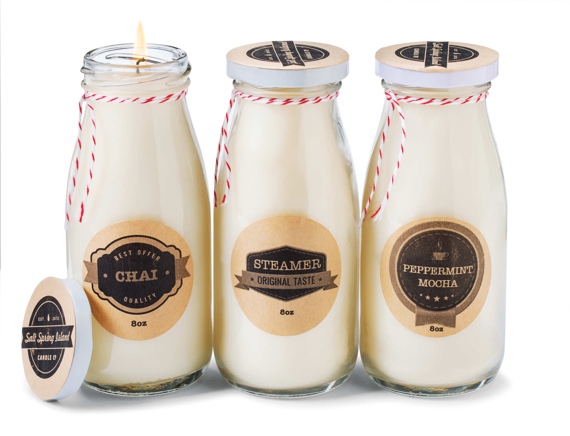 Assorted milk bottle candles $25 each by Jay Campbell