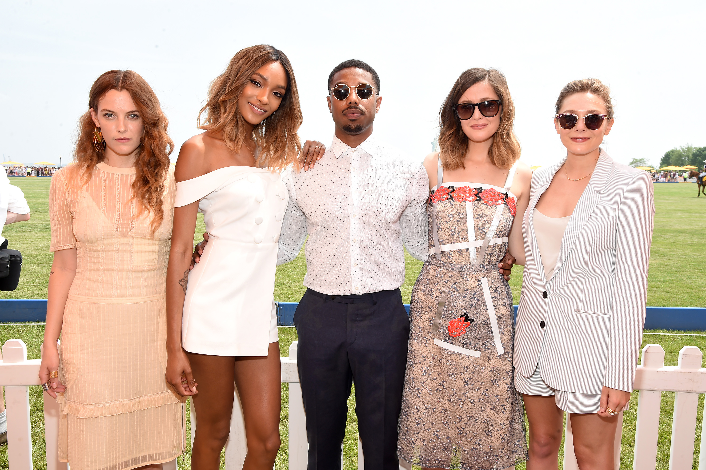 JERSEY CITY, NJ - JUNE 04:  (L-R) Riley Keough, Jourdan Dunn, Michael B. Jordan, Rose Byrne and Elizabeth Olsen attend the Ninth Annual Veuve Clicquot Polo Classic at Liberty State Park on June 4, 2016 in Jersey City, New Jersey.  (Photo by Jamie McCarthy/Getty Images for Veuve Clicquot)